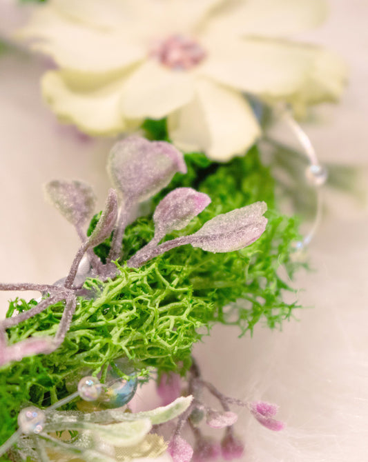 Floral headband with moss and white flowers