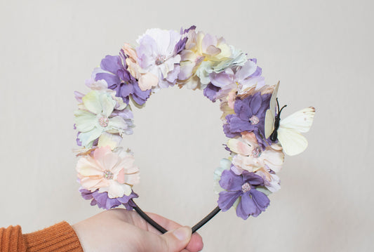 Purple flower headband with butterfly